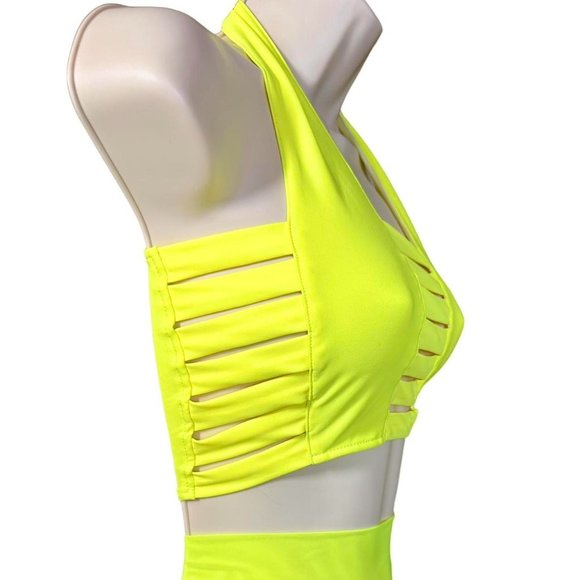 RARE discontinued J Valentine Neon Yellow cage cropped halter tie top - Picture 2 of 7